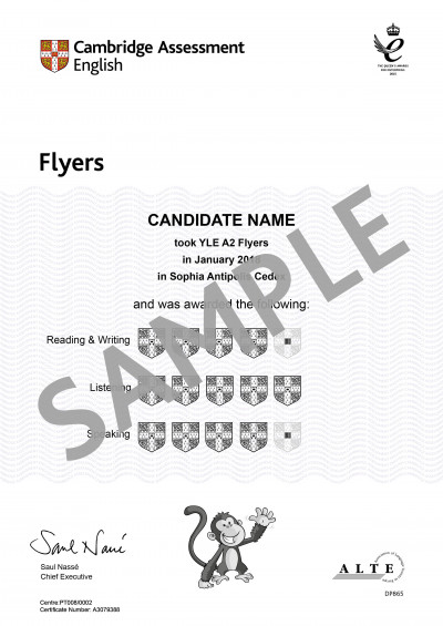 Cambridge Assessment English A2 Flyers sample certificate