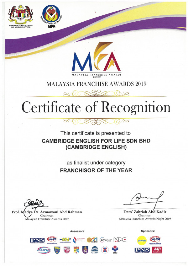 Malaysia Franchise Awards 2019 Franchisor of the Year Certificate of Recognition